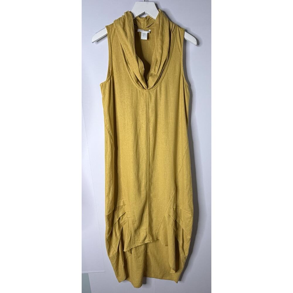Cynthia Rowley Linen‎ Midi Dress Sz S Yellow Cocoon Cowl Neck Lagenlook Artsy